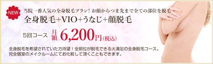 医療レーザー全身脱毛+VIO,うなじ+顔脱毛 5回コース